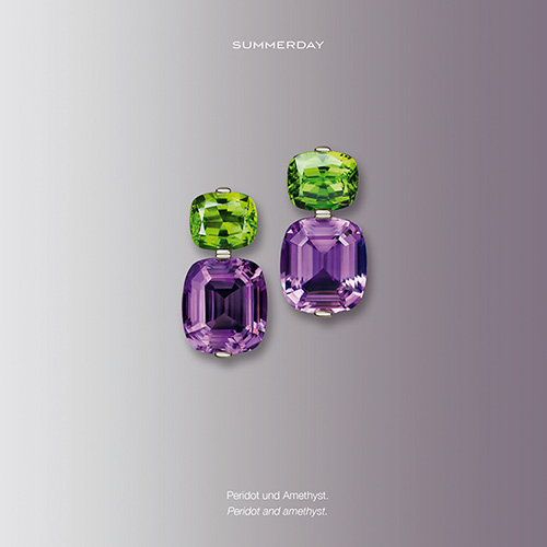 SUMMER DAY Ring Ringkreation Sommertag antik-oval geschliffener Amethyst 25 Karat Peridot-Baguettes 750/000 Weißgold gefasste Ringherstellung Lila Grün 